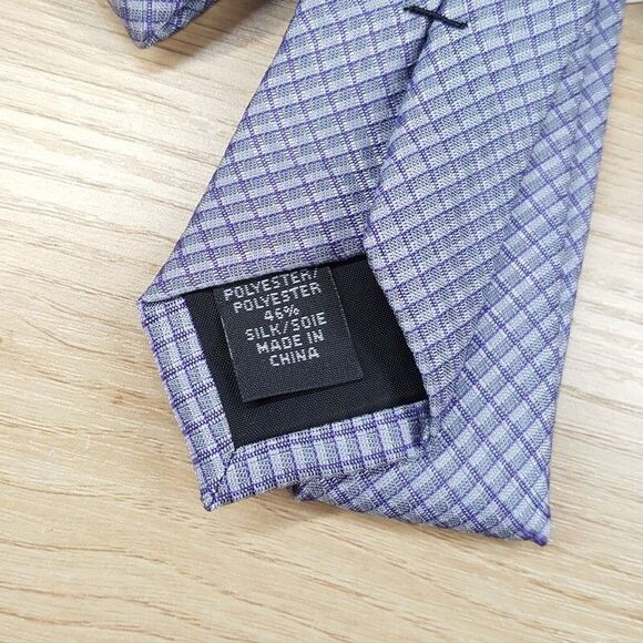 CALVIN KLEIN Mens Neck Tie Silver Purple Grid Silk Blend Classic Pointed - Picture 4 of 6